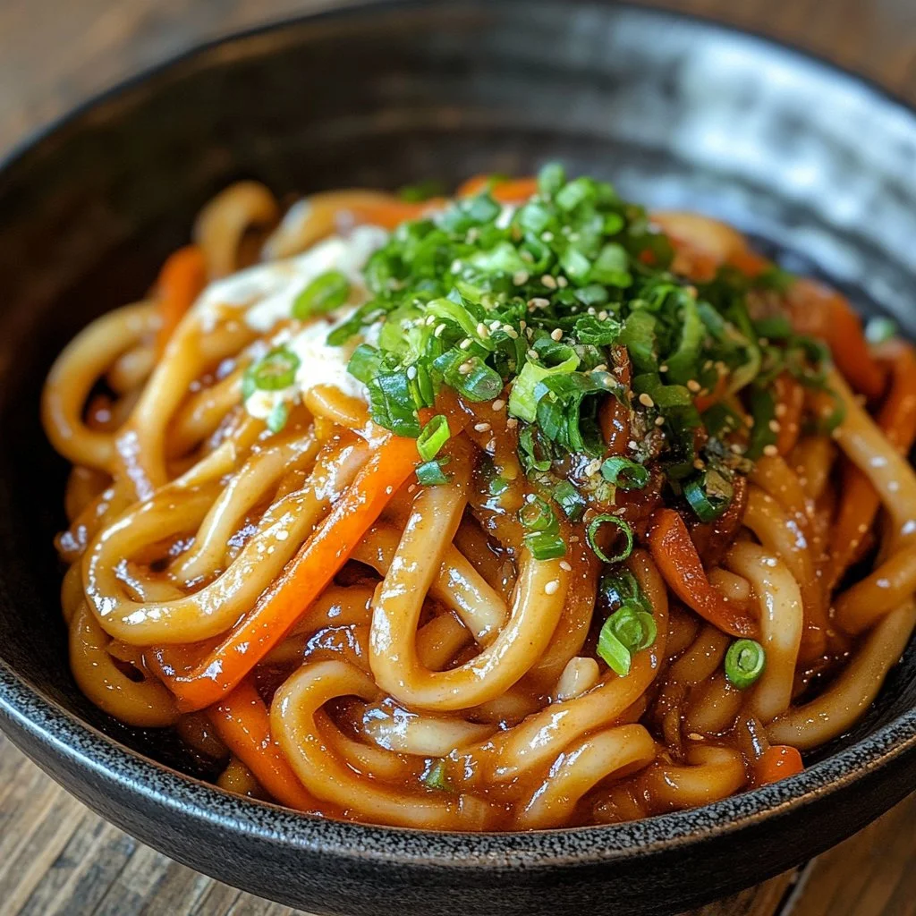Assiette de Yaki Udon avec légumes et viande sautés au wok