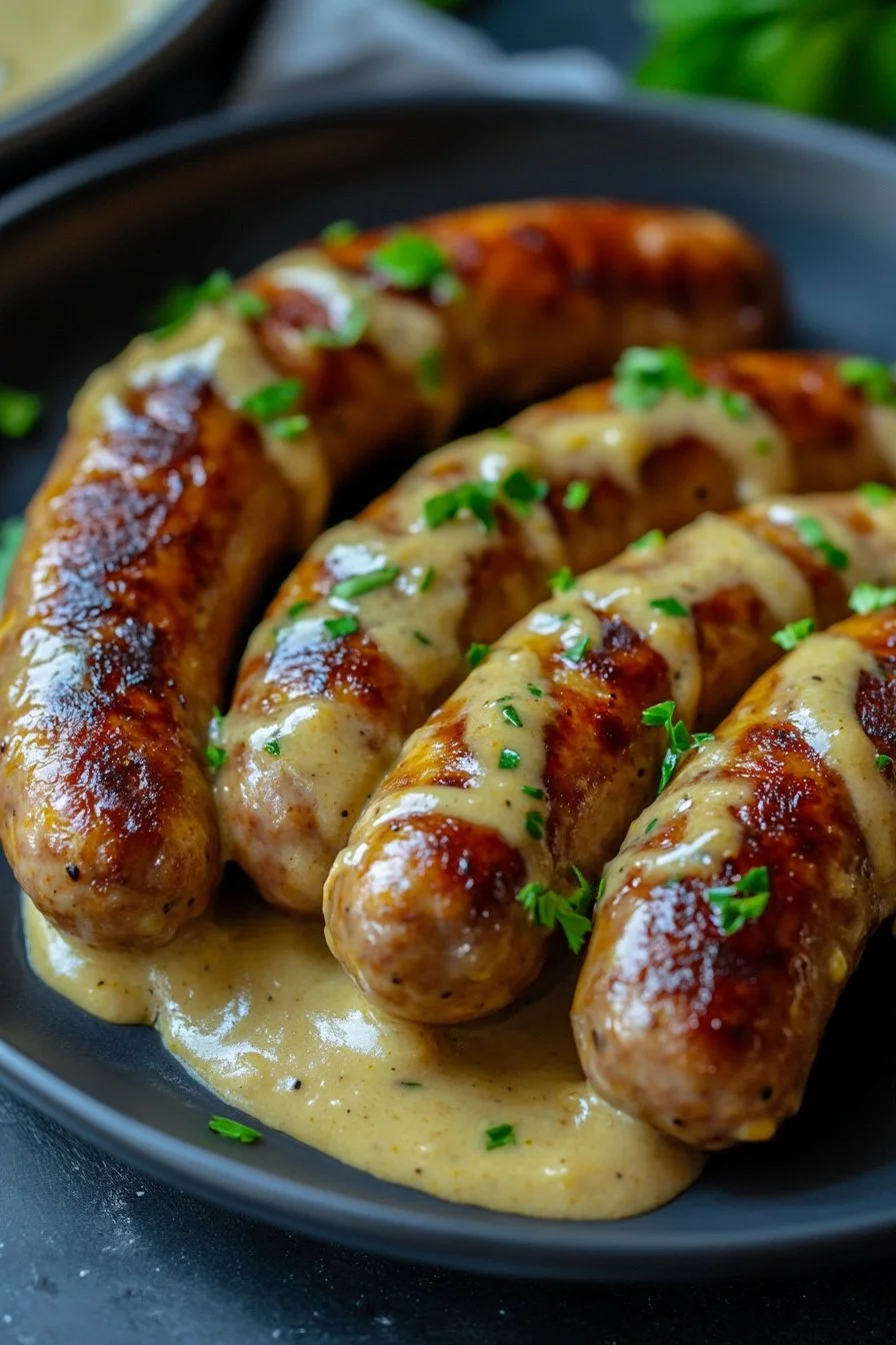 Saucisses dorées avec sauce crémeuse à la moutarde