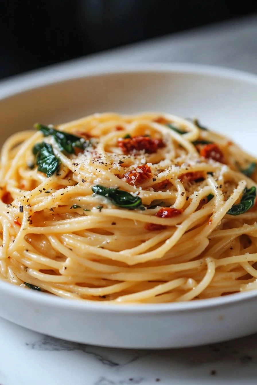 Spaghetti with Sun-Dried Tomato Cream and Spinach