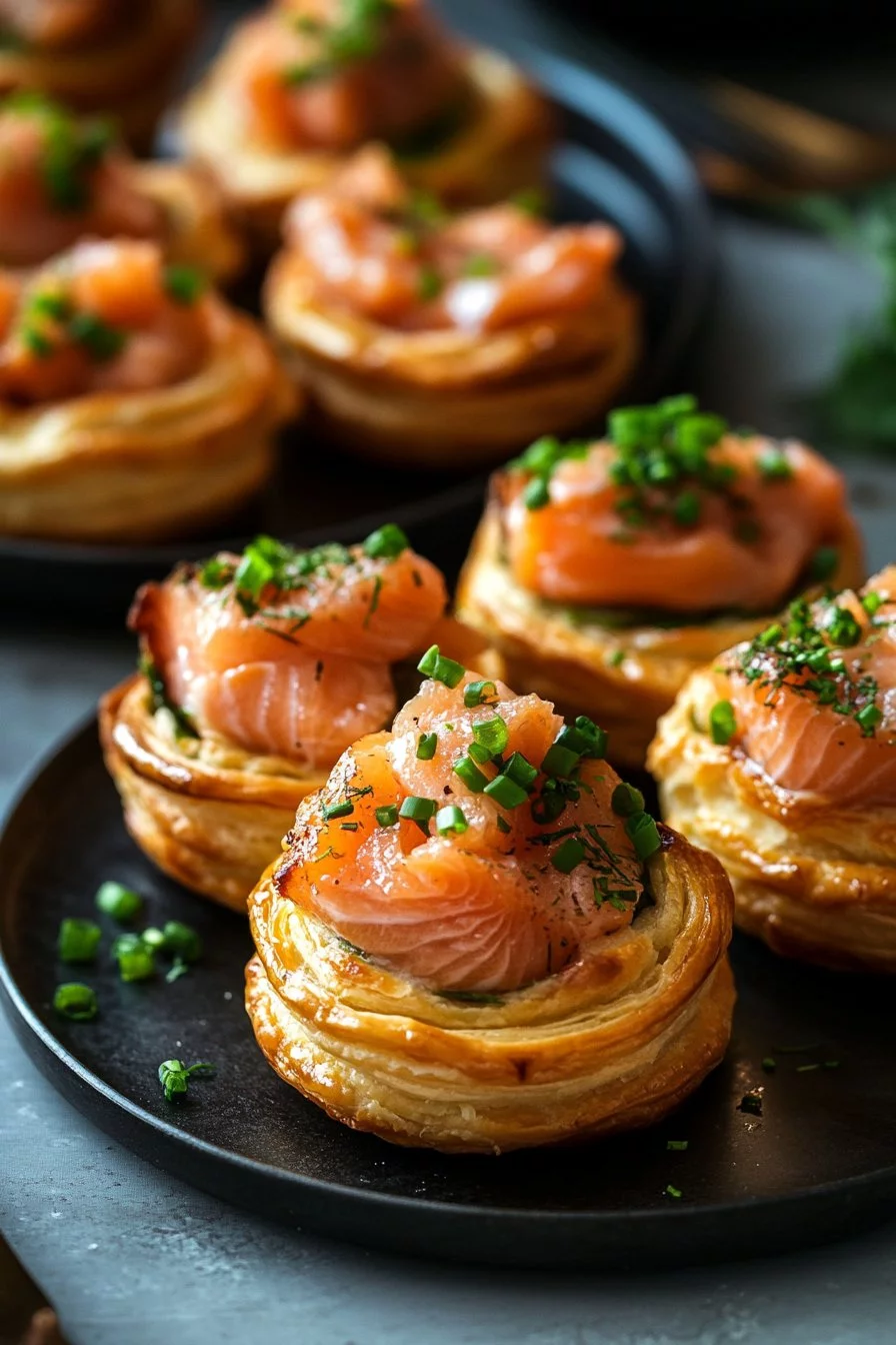 Puff pastry baskets with salmon