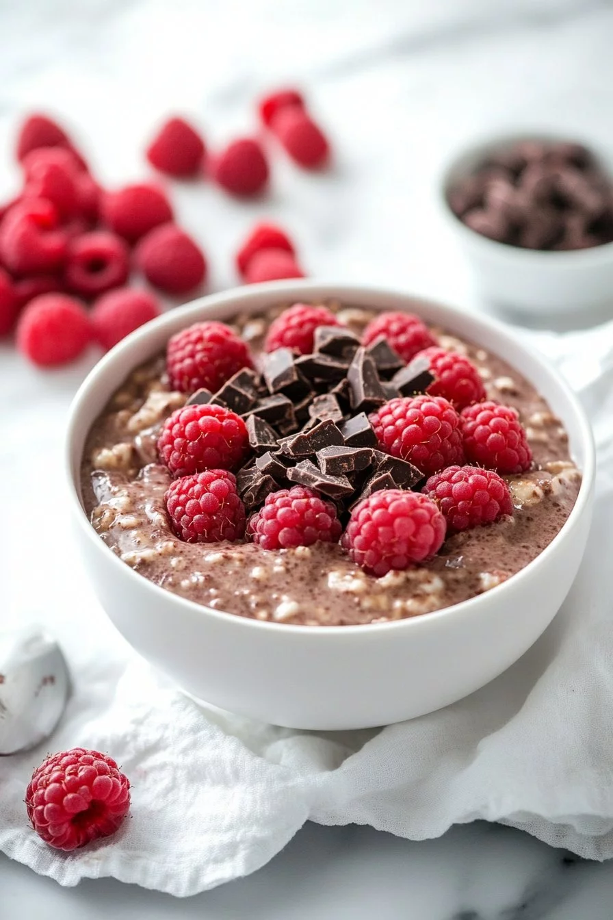 Porridge with raspberries and chocolate