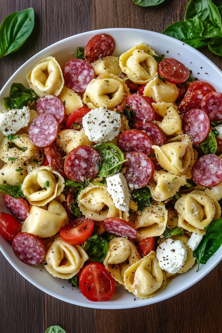Pasta salad with tortellini, salami, and mozzarella