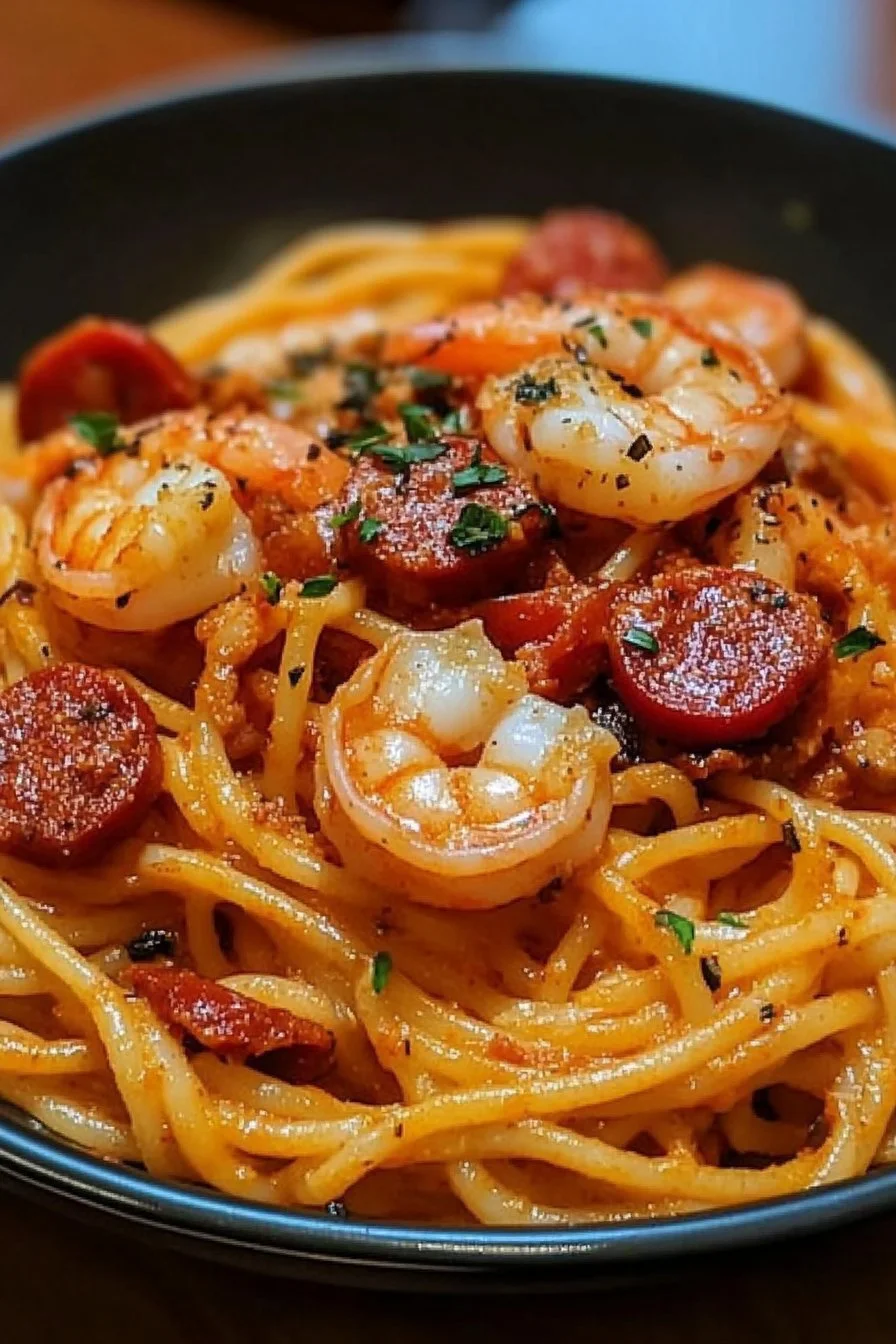 Spaghetti à la crème de poivron, chorizo et crevettes