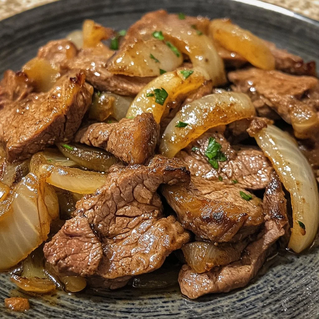 Plat de bœuf aux oignons maison servi dans une assiette