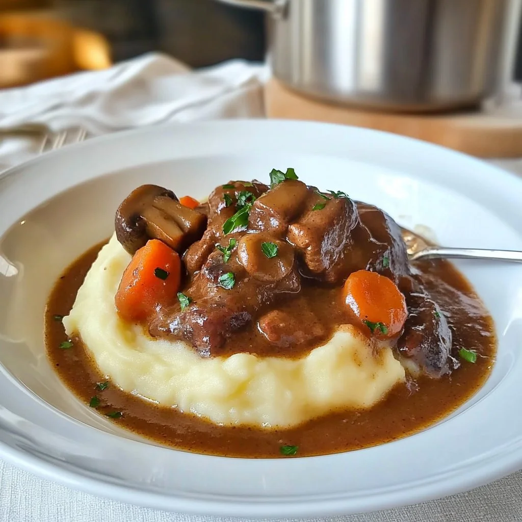 Plat de boeuf bourguignon garnie de légumes et de vin rouge
