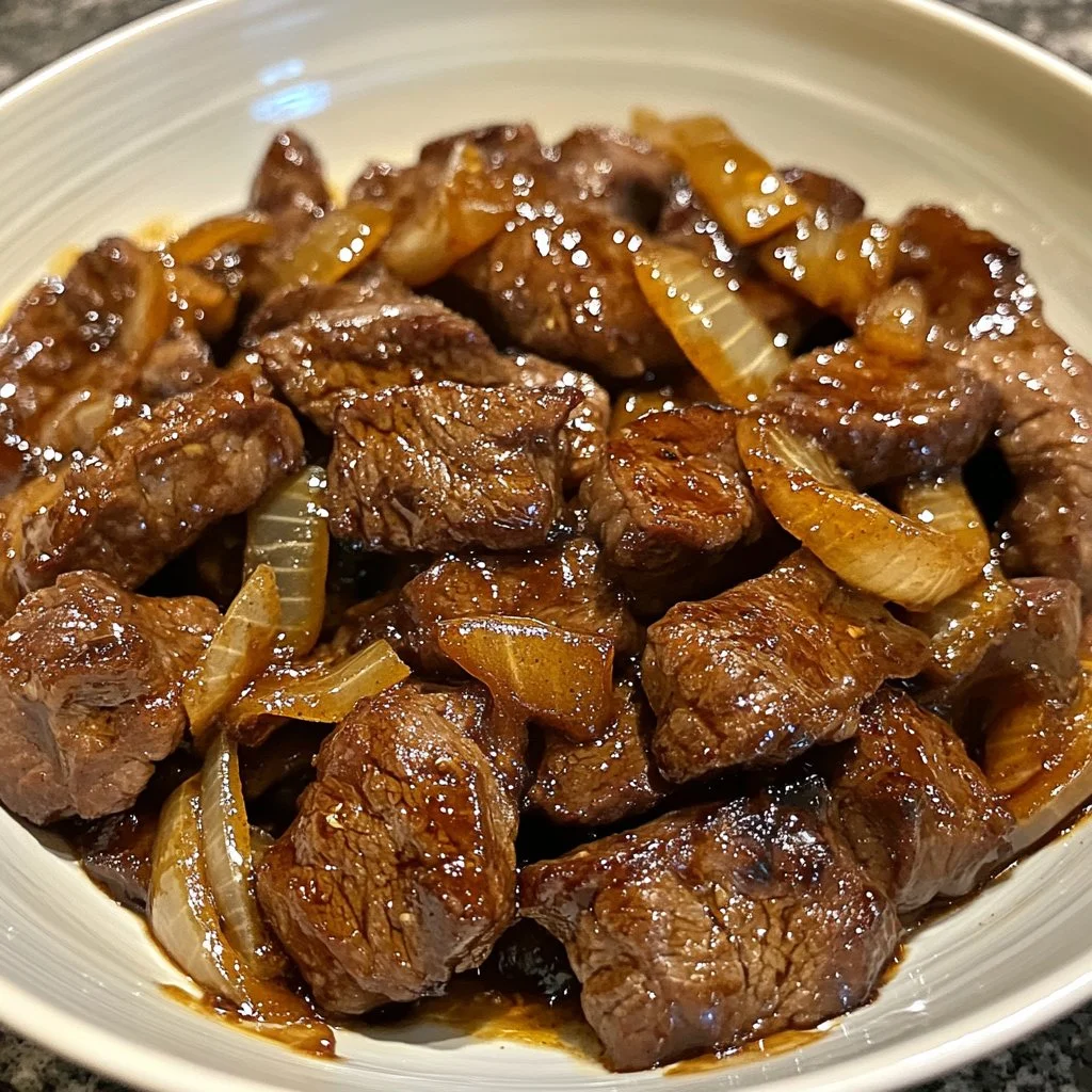 Bœuf caramélisé aux oignons et sauce soja, plat savoureux et appétissant.