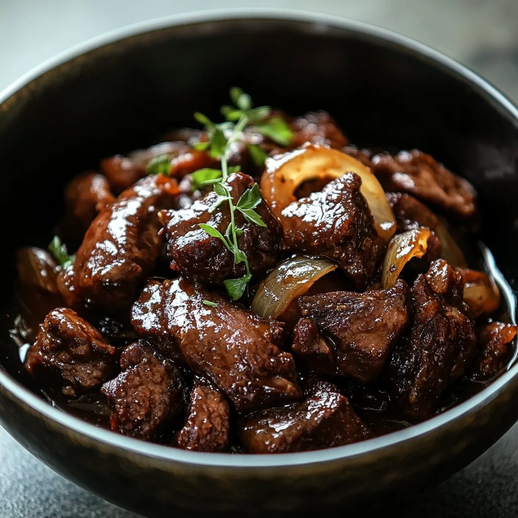 Plat de bœuf sauté aux oignons servi dans une assiette.
