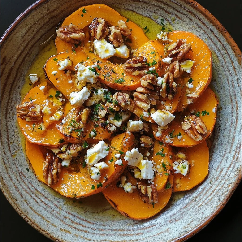 Butternut rôti avec feta, miel et noix, un plat délicieux et sain.