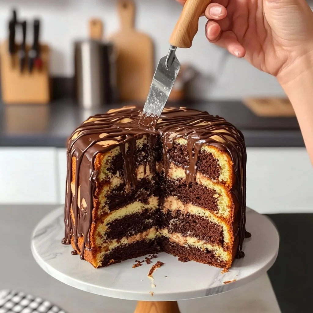 Gâteau marbré au chocolat et vanille, moelleux et savoureux.