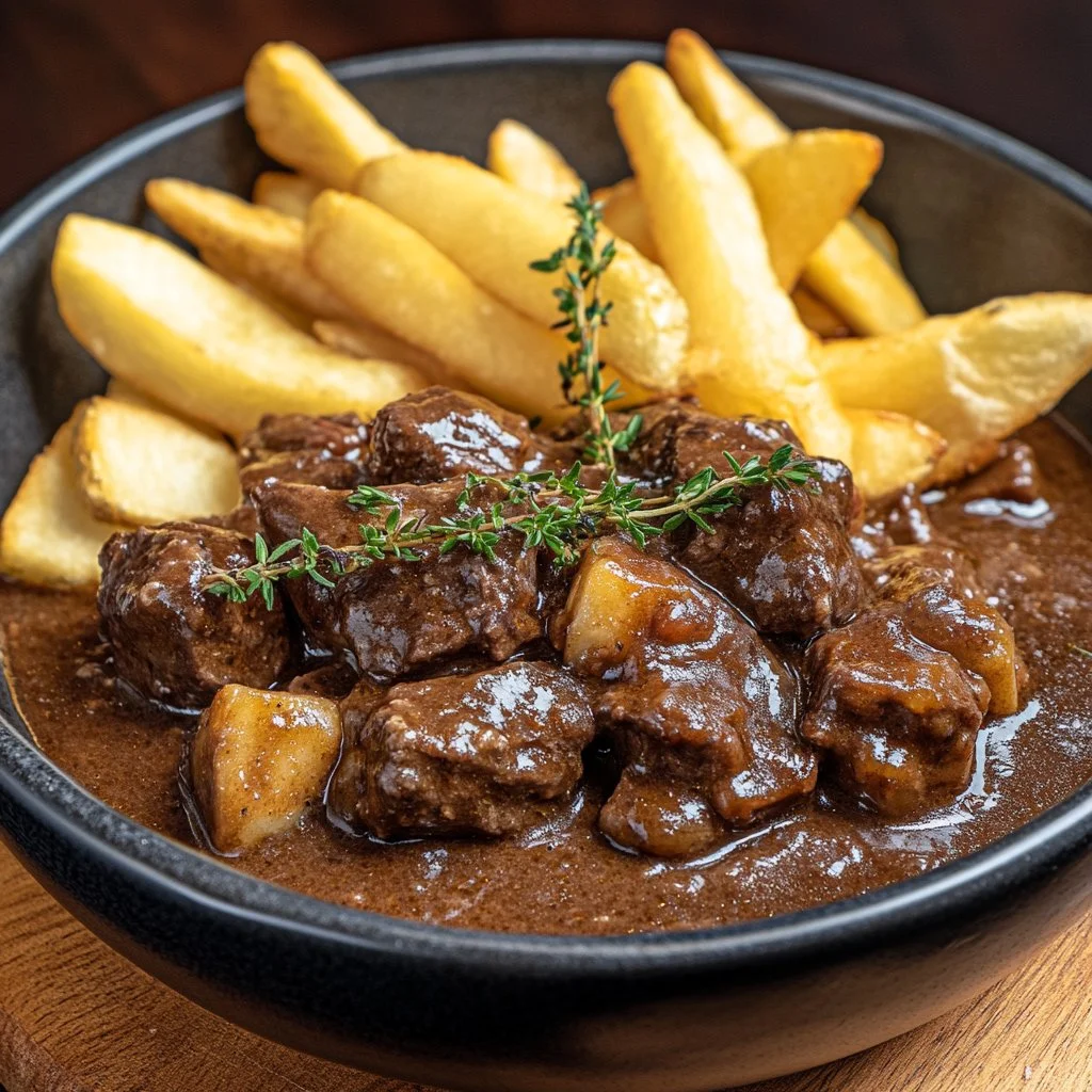 Plat de carbonade flamande avec viande de bœuf et sauce à la bière