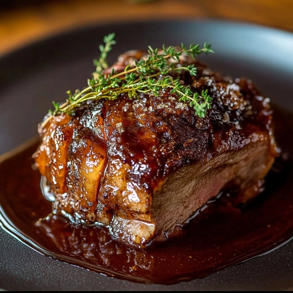 Cochon Confit à la Bière et au Sirop d'Érable servi dans une assiette.