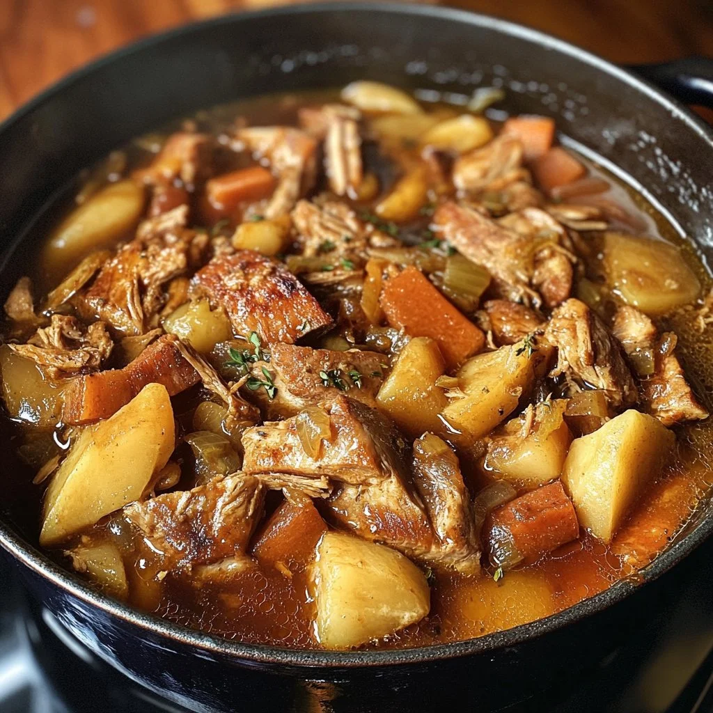 Cochon Confit à la Bière et au Sirop d’Érable, un plat mijoté généreux et réconfortant.