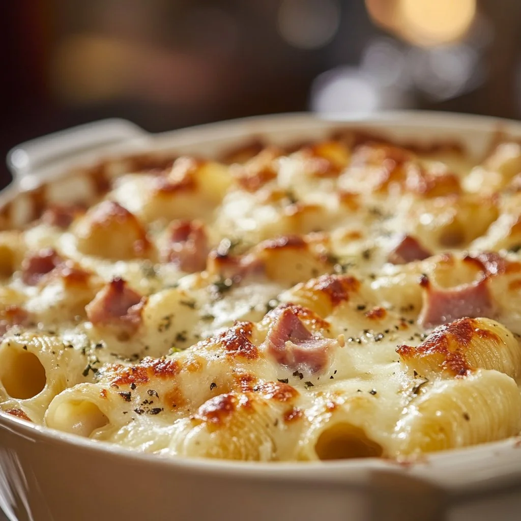 Recette de coquillettes au jambon et à la crème servie dans une assiette