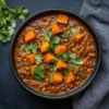 Curry de lentilles et patates douces dans un bol, plat savoureux et coloré.