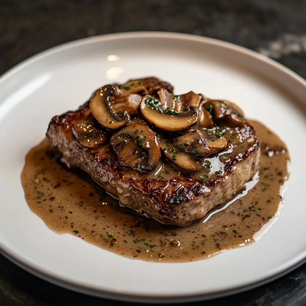 Entrecôtes de bœuf à la crème et aux champignons présentées dans un plat savoureux