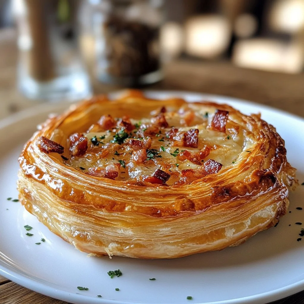 Feuilleté au camembert et lardons, plat croustillant et crémeux