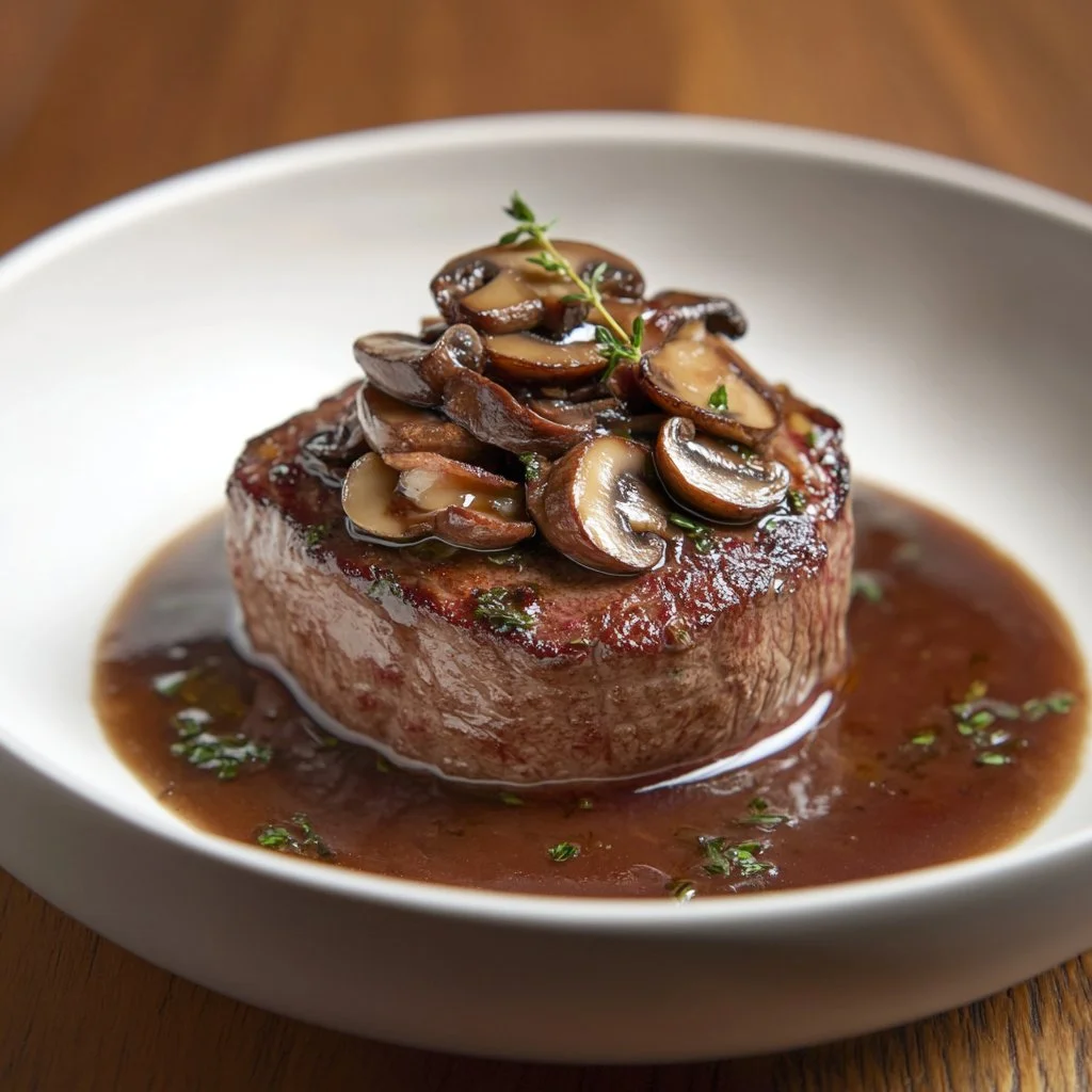 Filet mignon crémeux au Boursin et champignons dans une assiette