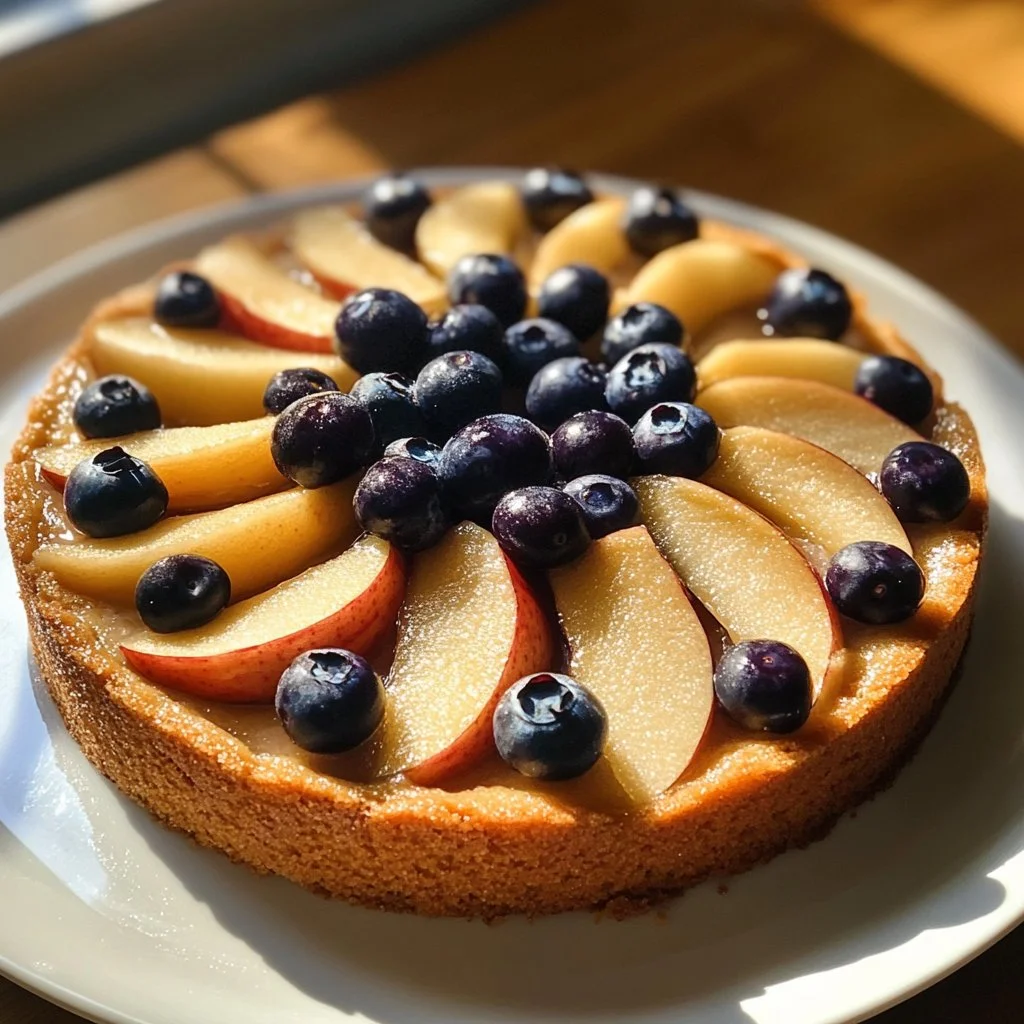 Gâteau sain aux pommes et myrtilles, une gourmandise légère et savoureuse.