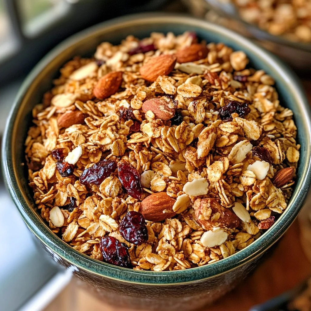 Bol de granola maison avec fruits secs et noix, idéal pour un petit-déjeuner sain