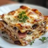 Lasagnes aux champignons, jambon et fromage prêtes à servir dans un plat