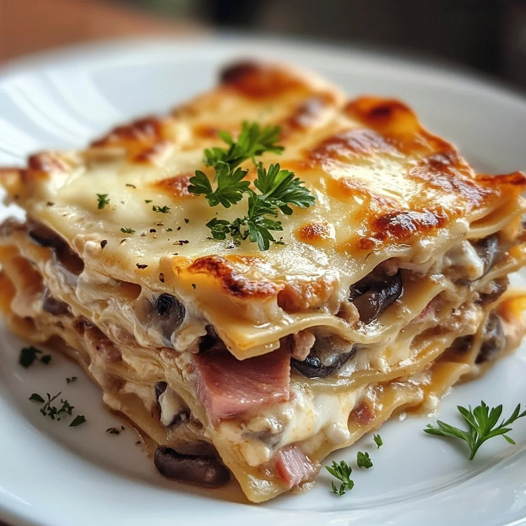 Lasagnes aux champignons, jambon et fromage prêtes à servir dans un plat