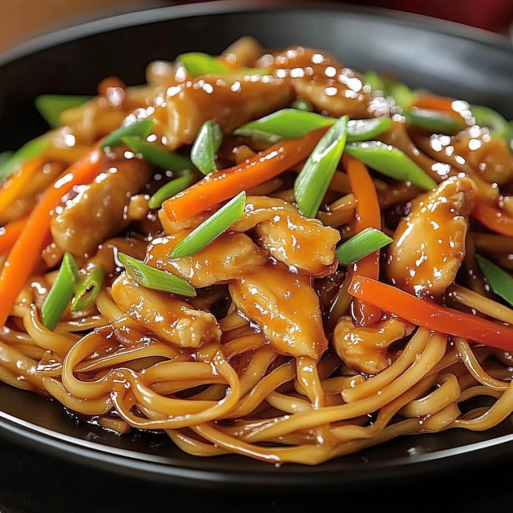 Plat de nouilles sautées au poulet caramélisé, garnitures et sauce