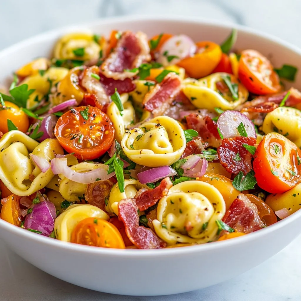 Assiette de salade de tortellini garnie de légumes frais