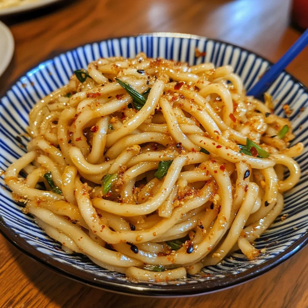 Assiette de nouilles Biang Biang servies avec des légumes frais et des épices