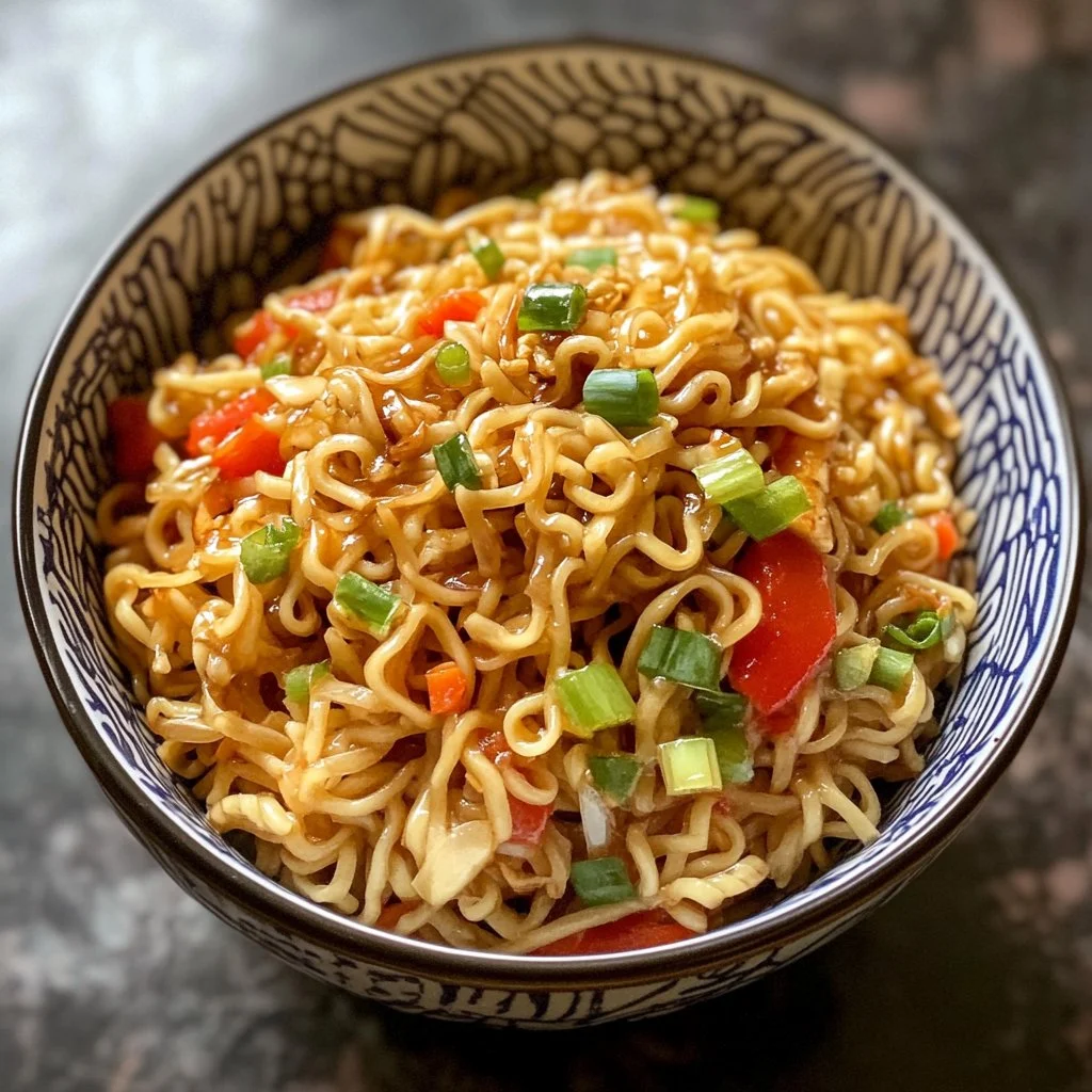 Bol de nouilles sautées instantanées préparées avec des légumes colorés