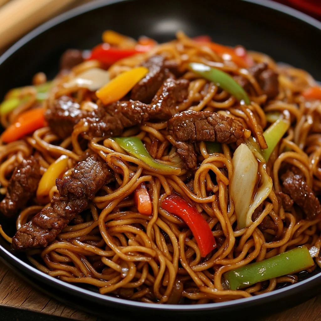 Plat de nouilles Lo Mein savamment préparées avec des légumes frais et des sauces asiatiques