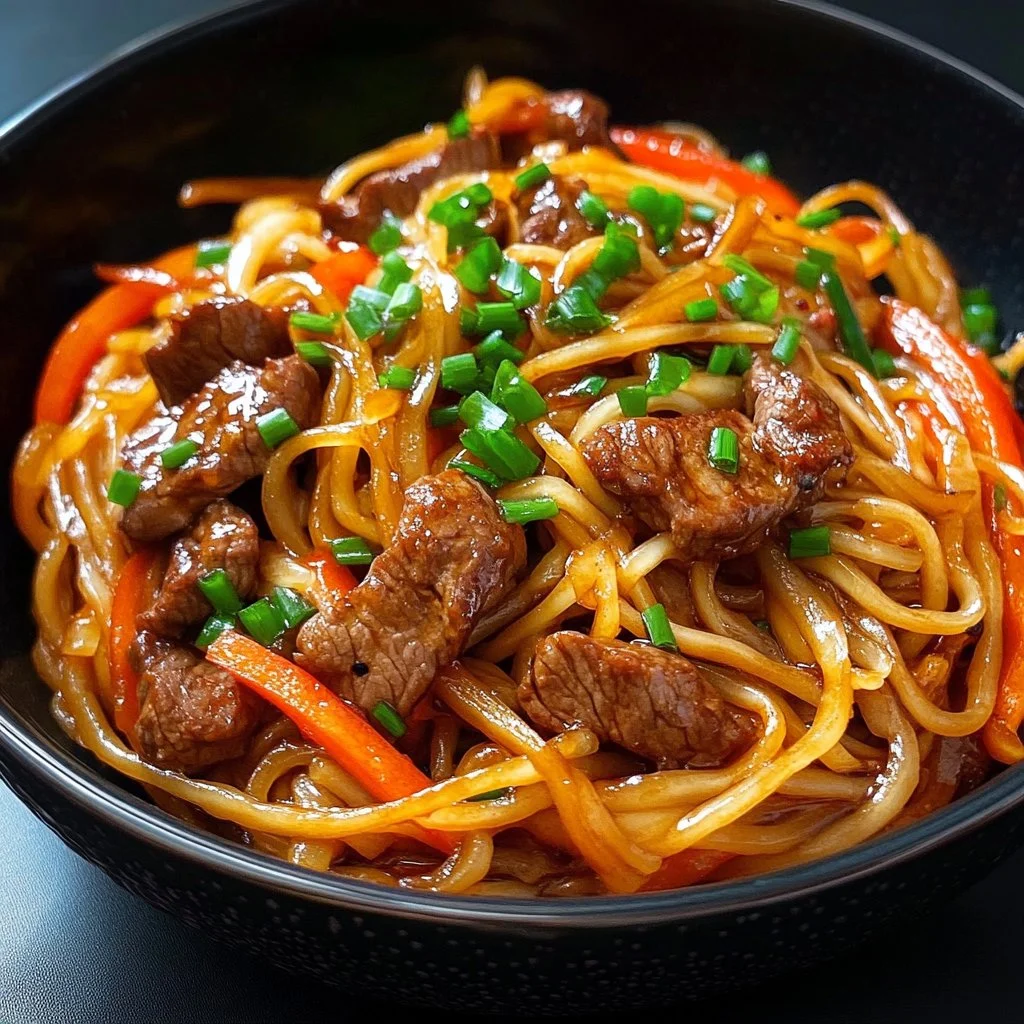 Recette de nouilles sautées au boeuf, plat gourmand et rapide à cuisiner.