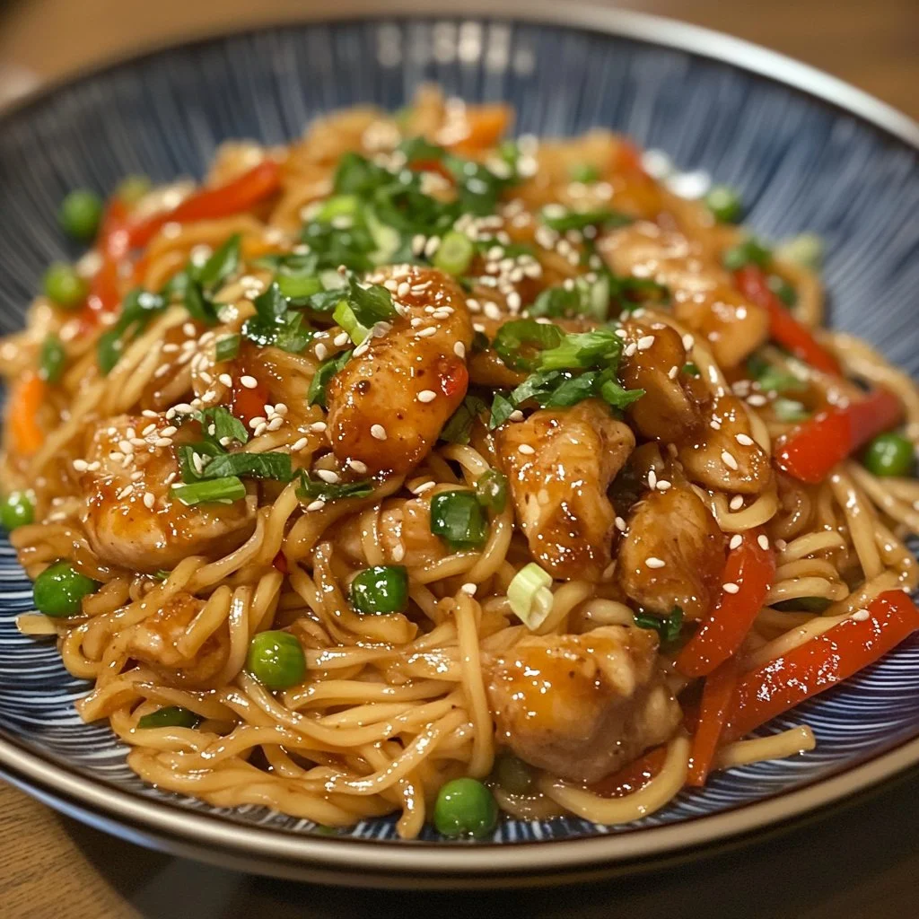 Nouilles sautées au poulet caramélisé, plat savoureux et coloré