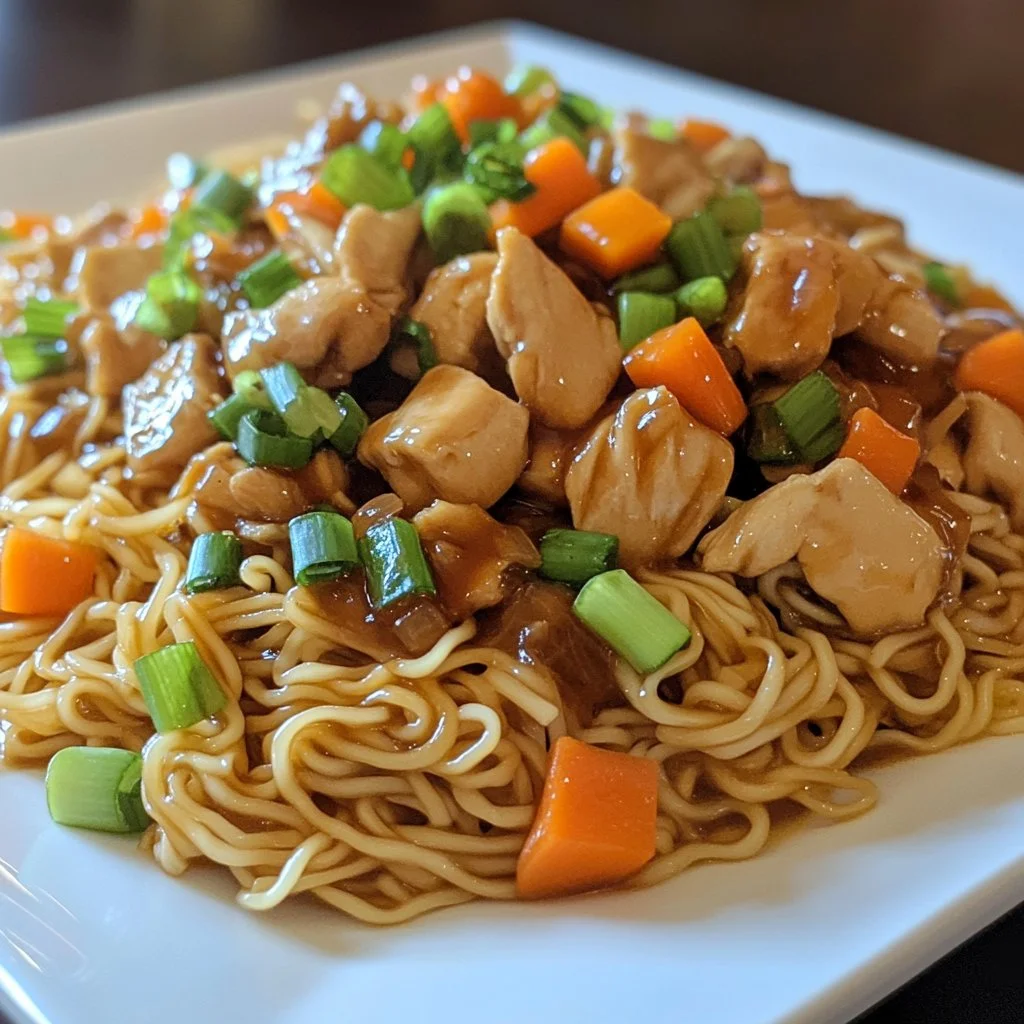 Nouilles sautées au poulet caramélisé dans une assiette garnie de légumes frais.