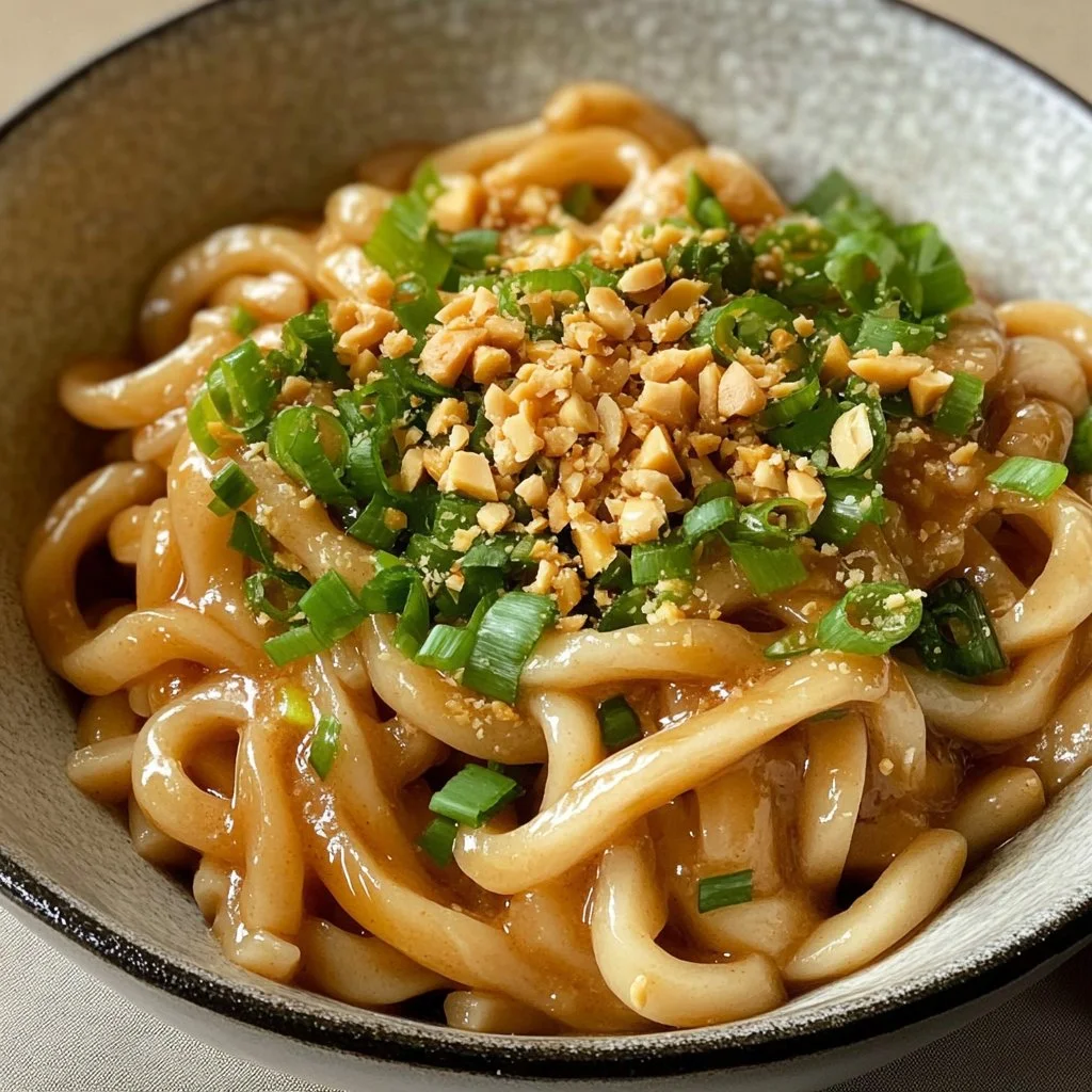Nouilles udon au beurre de cacahuète garnies de légumes frais