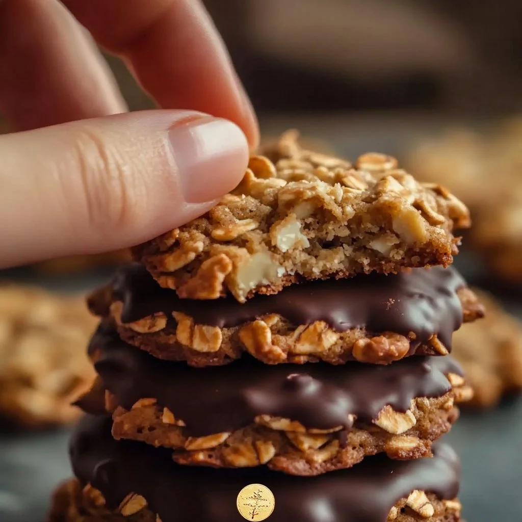 Biscuits aux amandes et flocons d'avoine sur une assiette rectangulaire.