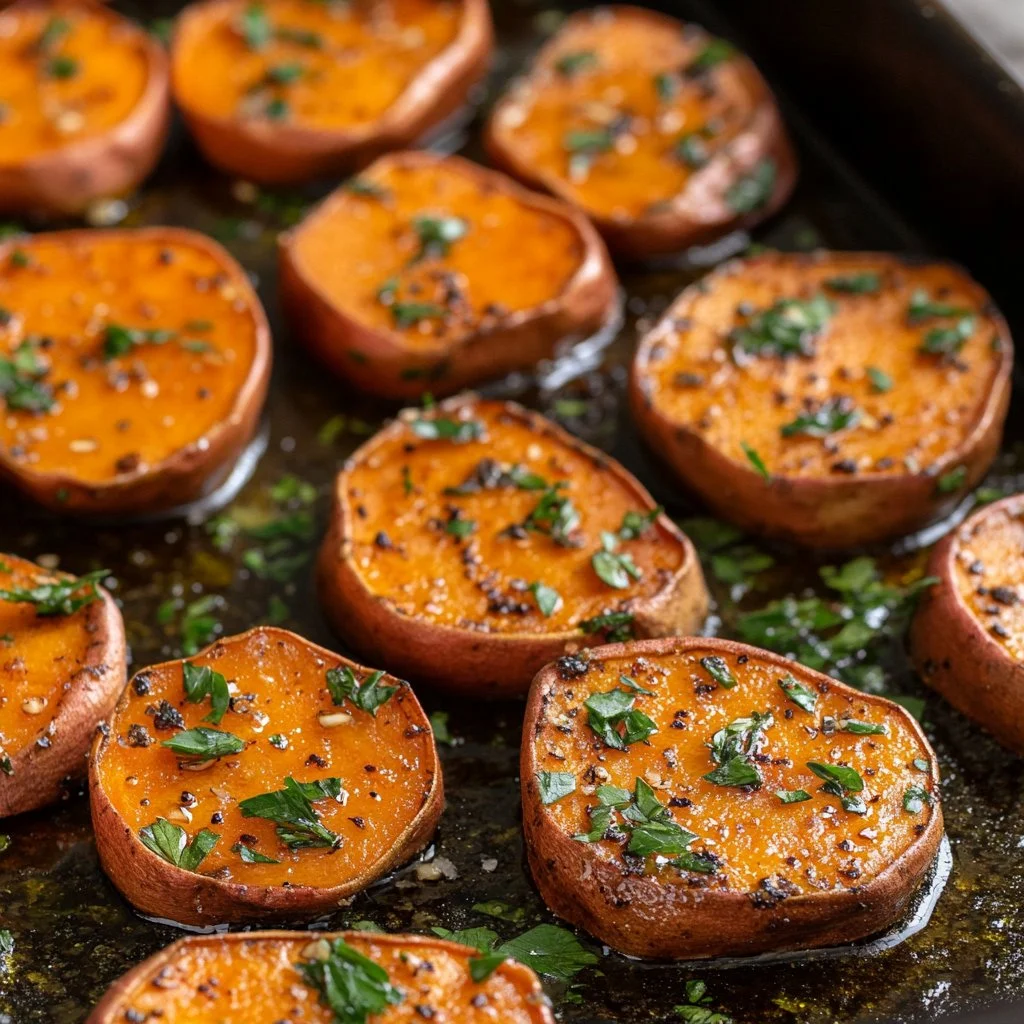 Patates douces rôties au beurre et à l'ail, plat savoureux et réconfortant.