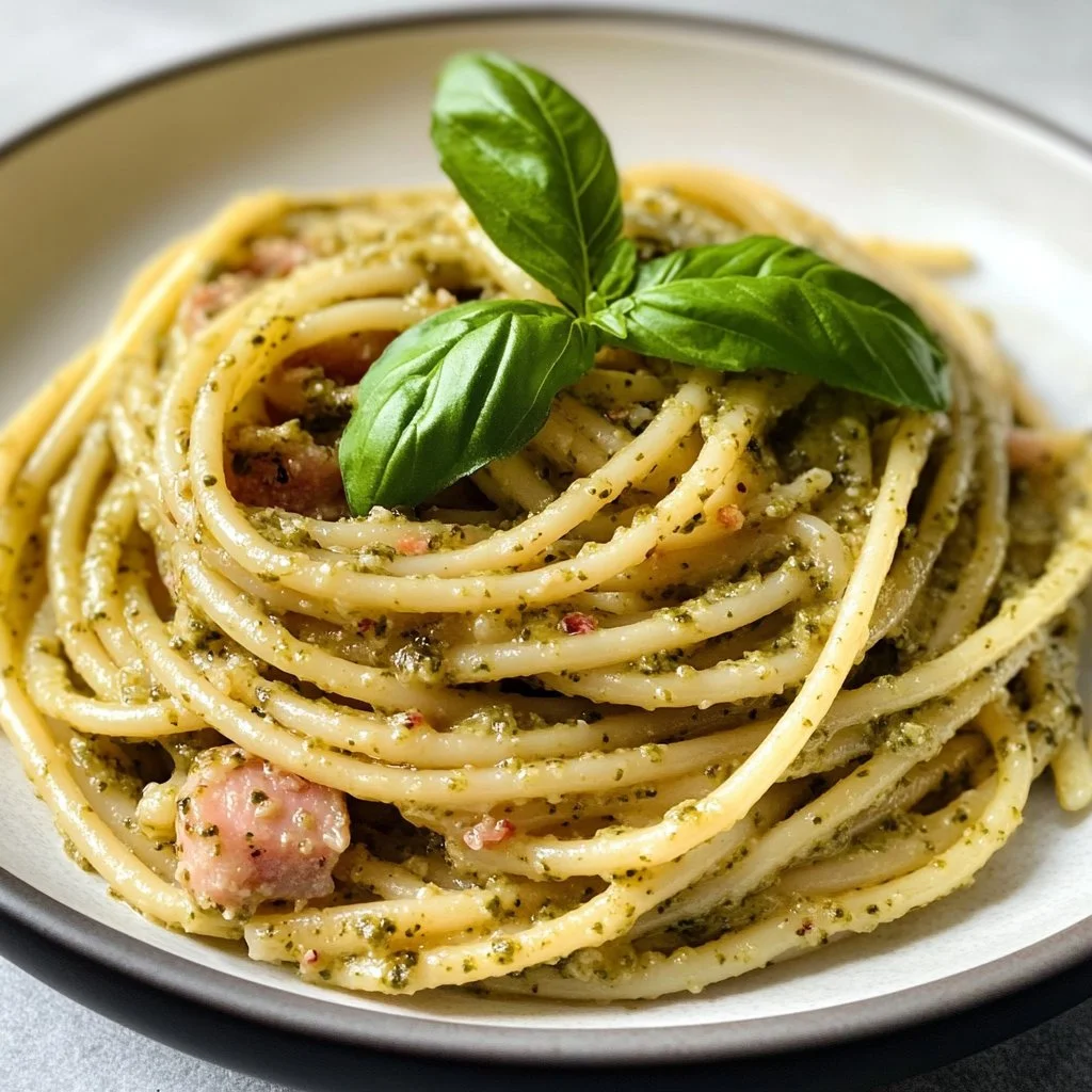 Pâtes au pesto de thon savoureuses sur une assiette