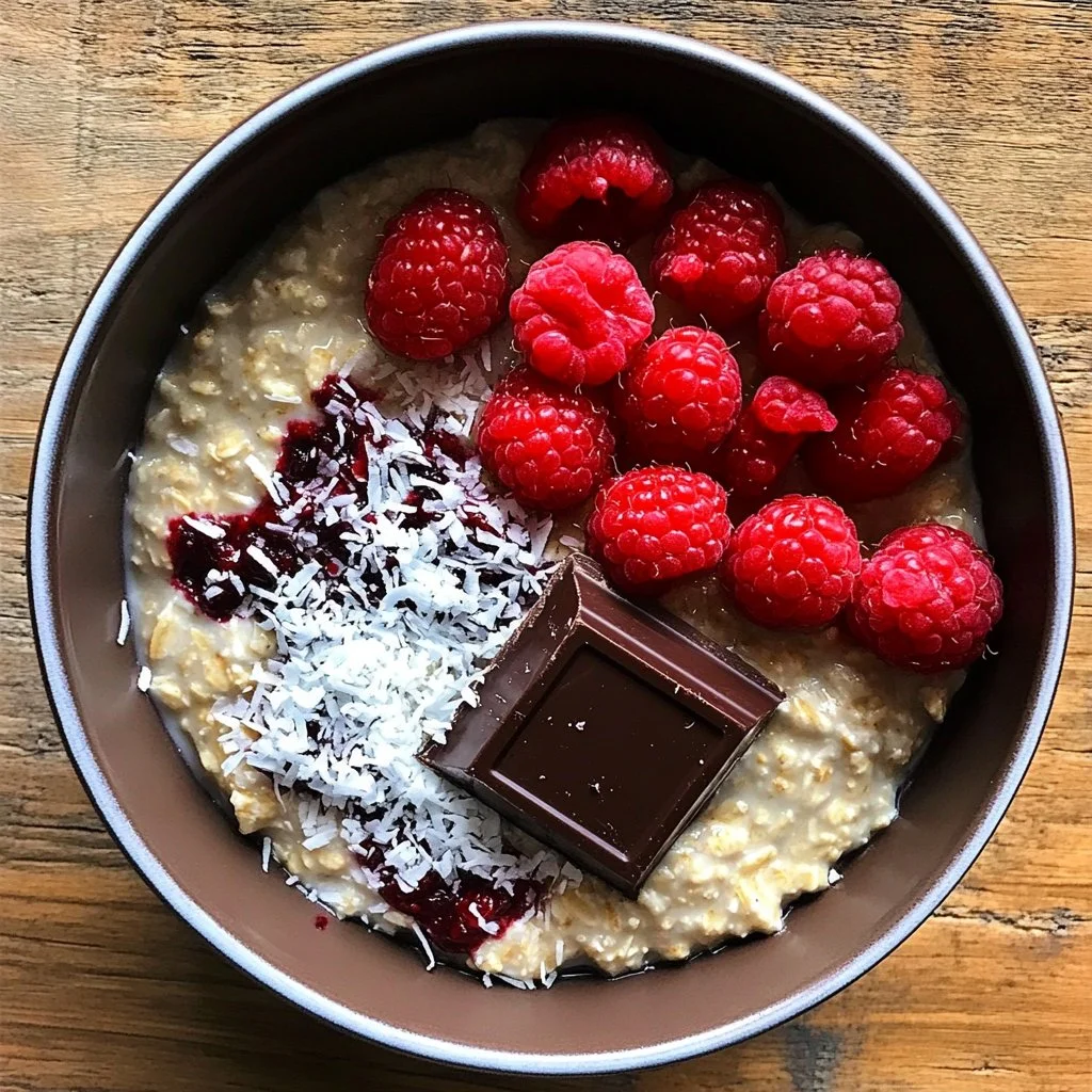 Porridge crémeux avec des framboises fraîches et des éclats de chocolat