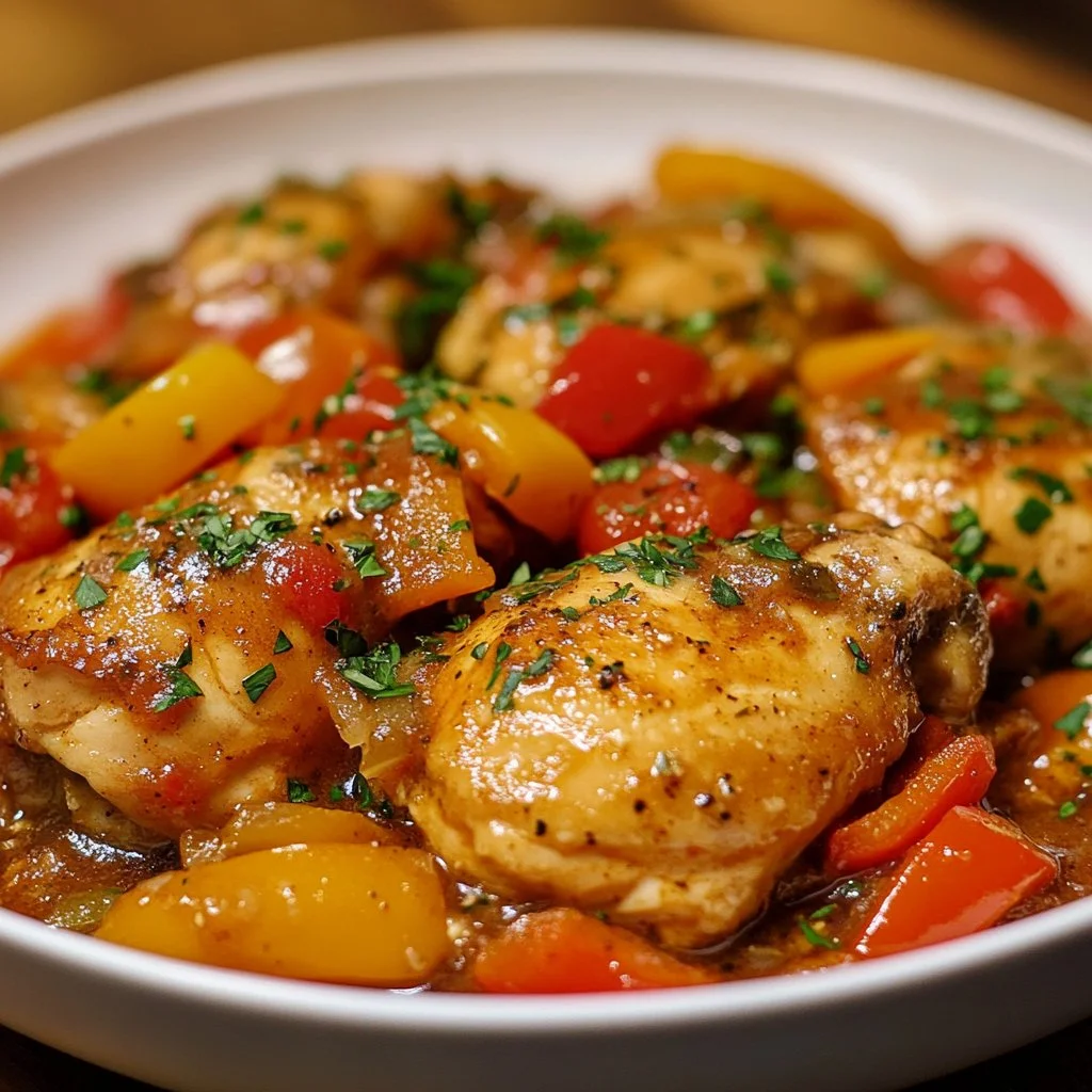 Plat de Poulet Basquaise avec légumes colorés et sauce savoureuse