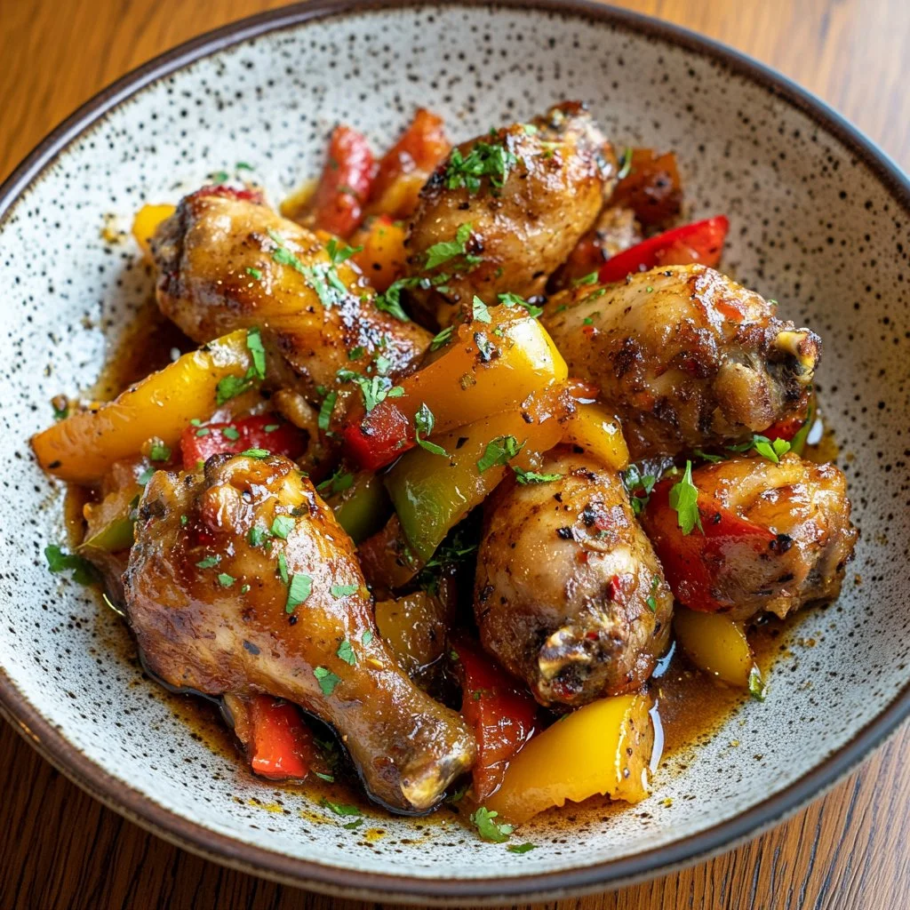 Poulet basquaise exquis avec tomates et poivrons, plat traditionnel français