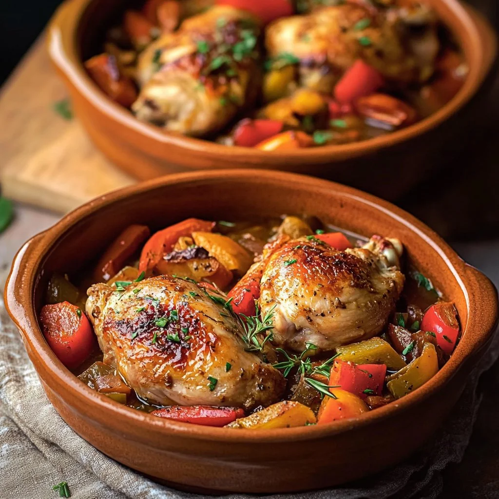 Recette de Poulet Basquaise à l'Ancienne avec tomates, poivrons et épices