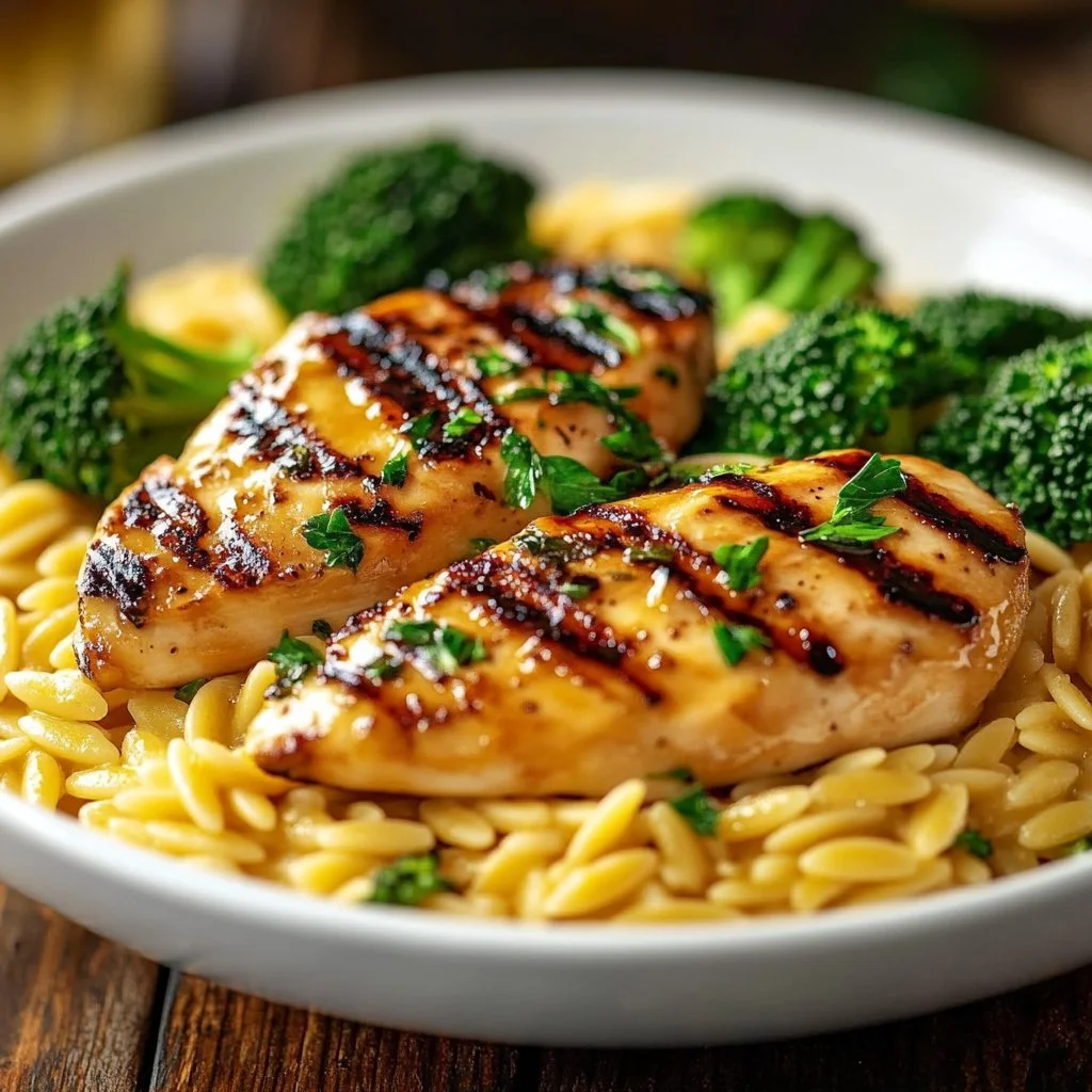 Plat de Poulet Brocoli Orzo au Cheddar préparé dans un bol.