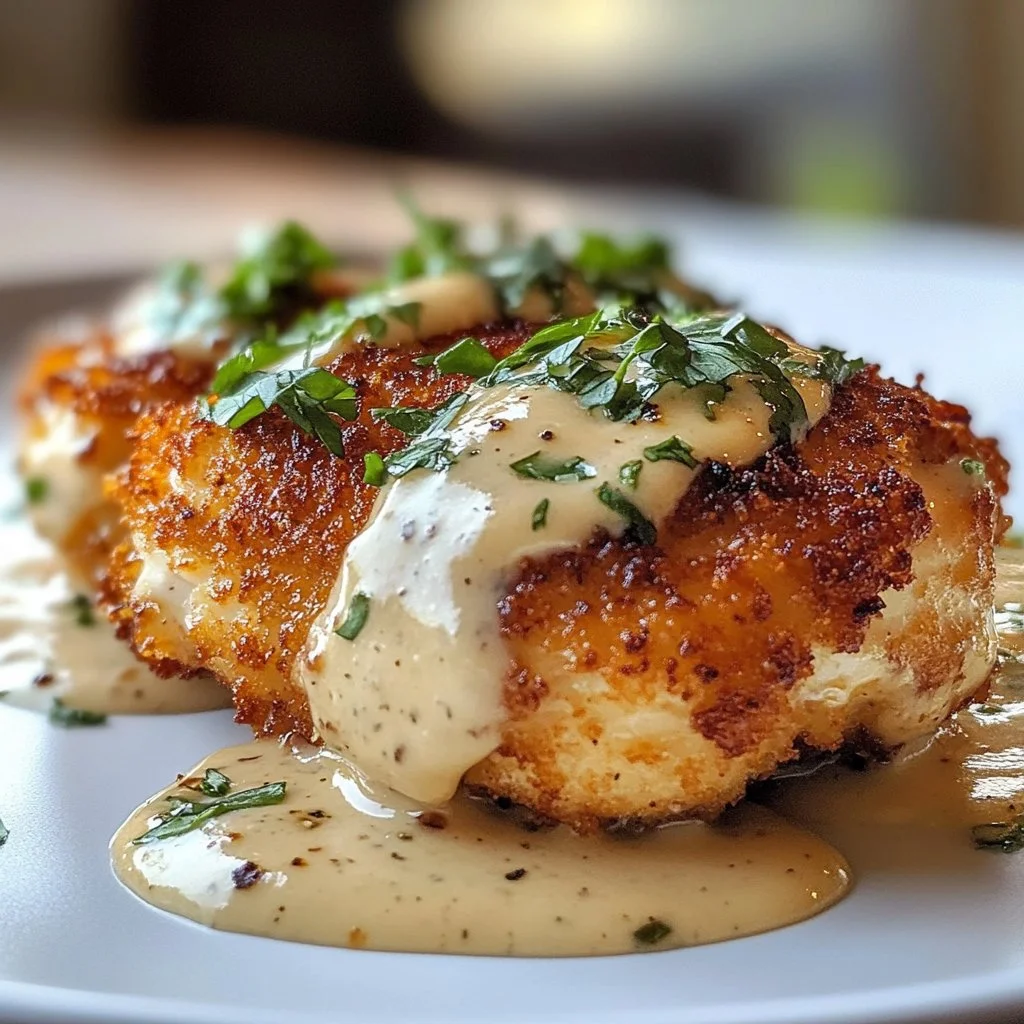 Recette savoureuse de Poulet Parmesan Crémeux avec une sauce crémeuse et du fromage.