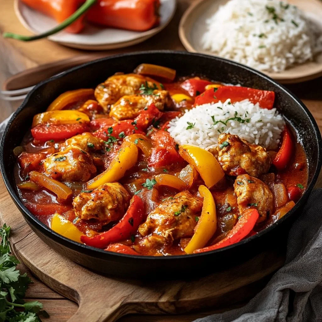 Poulet Basque préparé avec des ingrédients traditionnels du Sud-Ouest