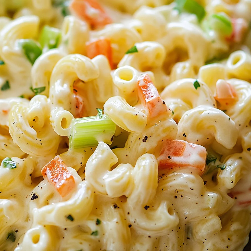 Salade de macaroni crémeuse servie dans un bol élégant