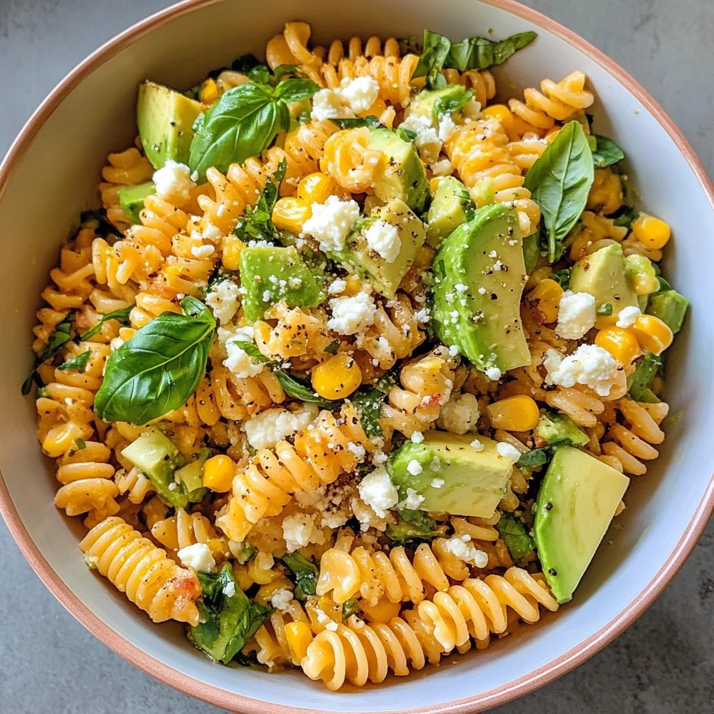 Salade de pâtes au maïs frais, idéale pour les repas d'été.