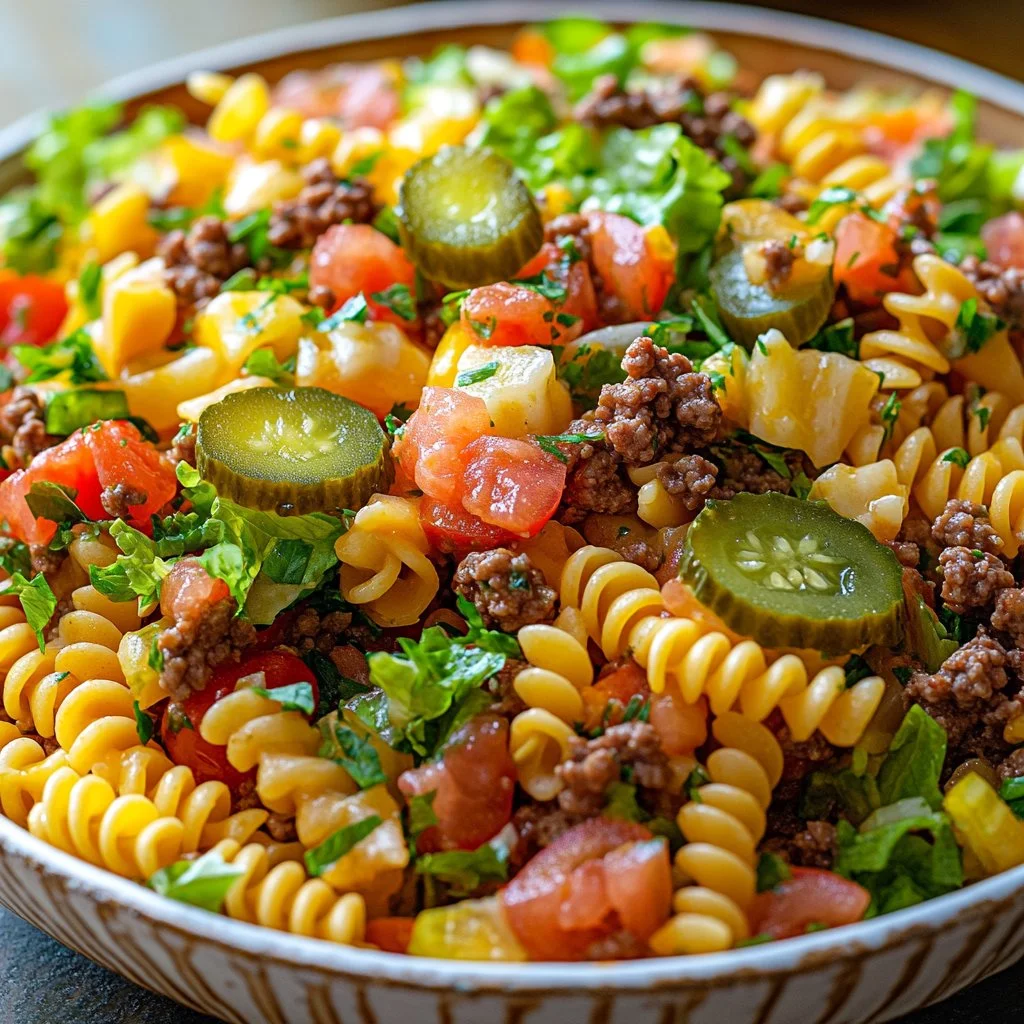 Salade de pâtes inspirée du Big Mac, garnie de légumes frais et de sauce savoureuse.