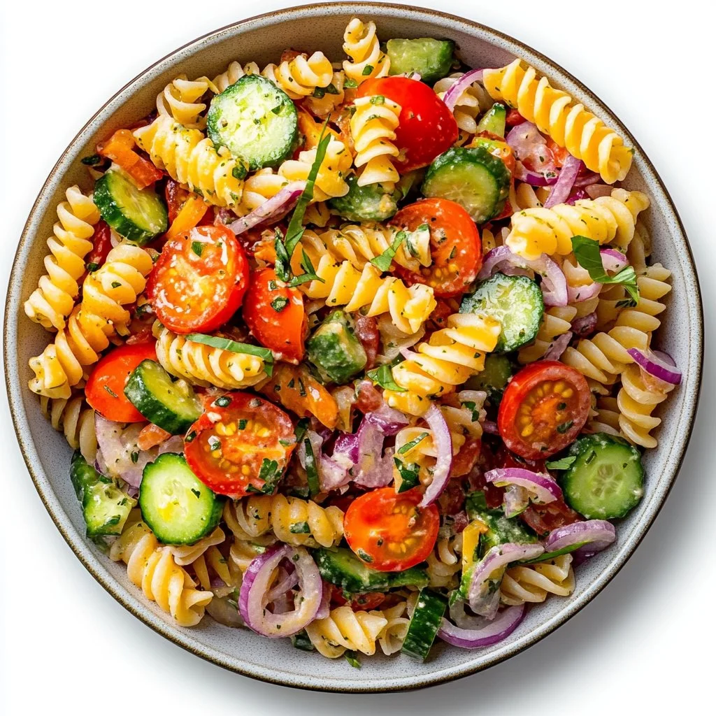 Salade de pâtes crémeuse avec légumes frais et sauce