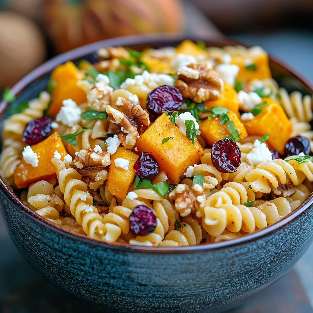 Salade de pâtes de récolte de l'automne avec légumes frais et vinaigrette