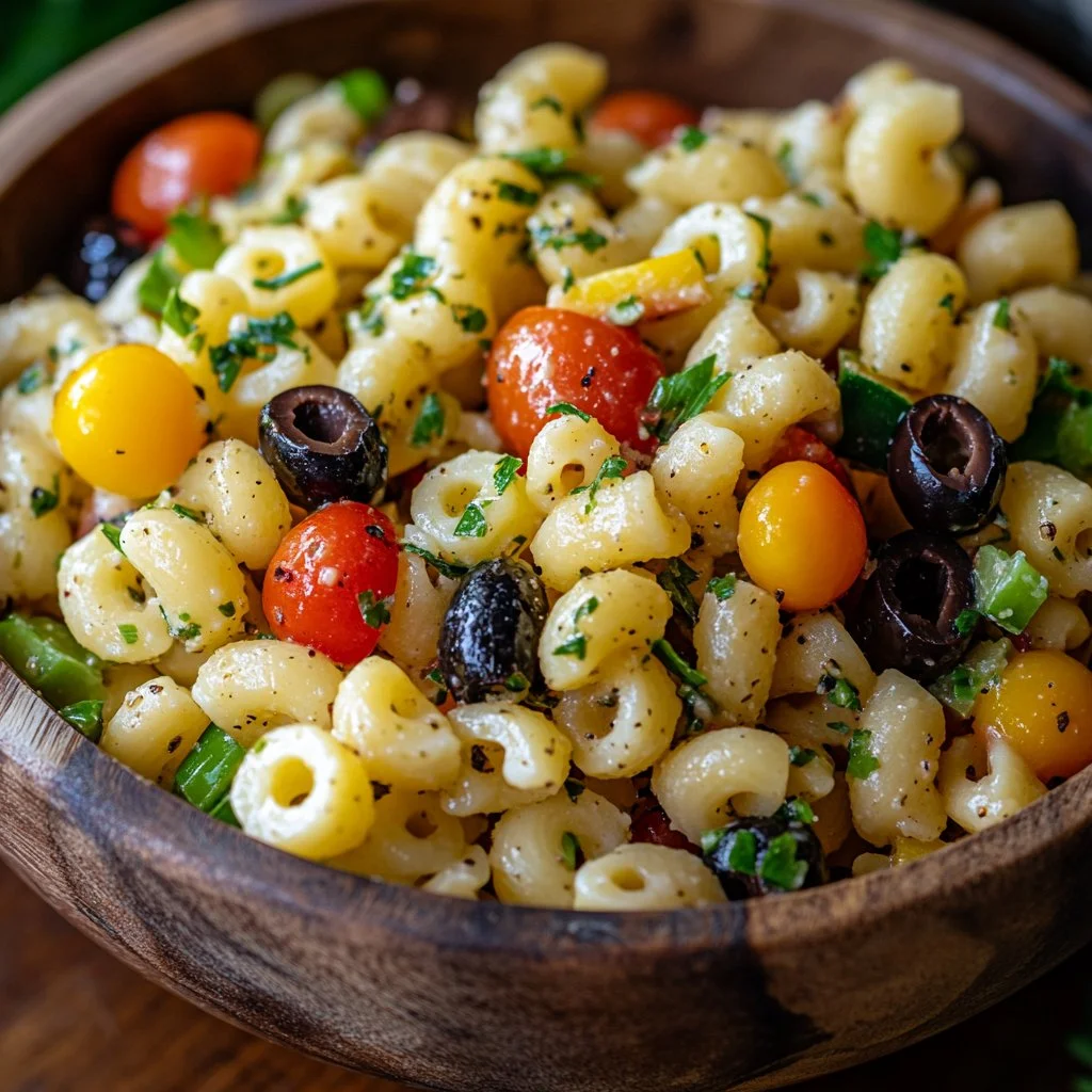 Salade de pâtes Ditalini garnie de légumes frais et d'herbes.
